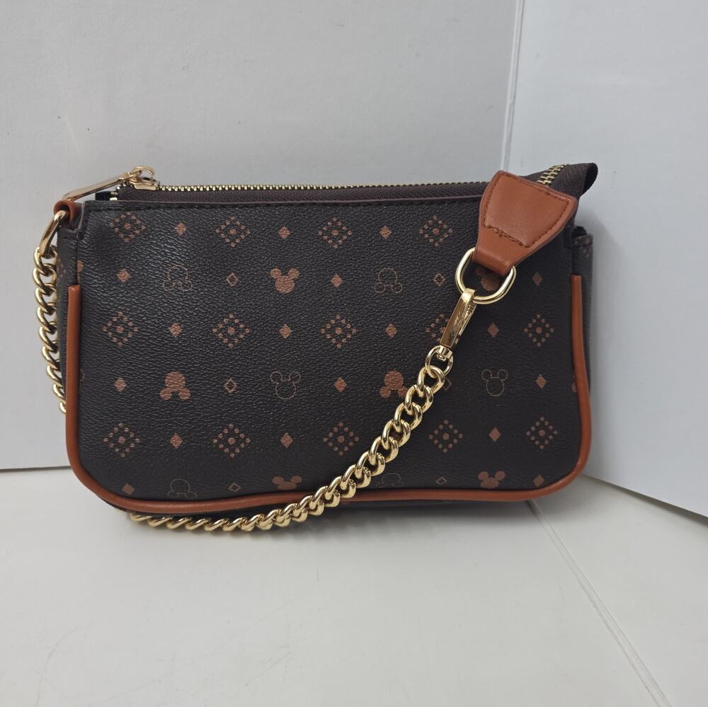 Mickey Mouse Monogram Purse Brown Gold Chain Shoulder Crossbody Bag